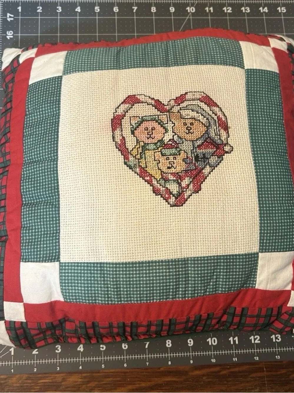 Vintage Cross Stitch Cat Christmas Pillow Handmade Patchwork Quilted 15”